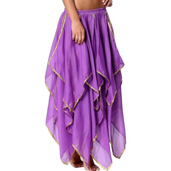 Women's 10 Panel - Violet Drawstring Gold Sequin Chiffon Skirt Dance Costume - Picture 4 of 8